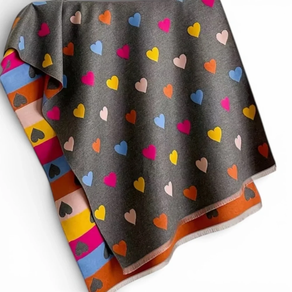 Colorful Heart Pattern Scarf With Fringe New